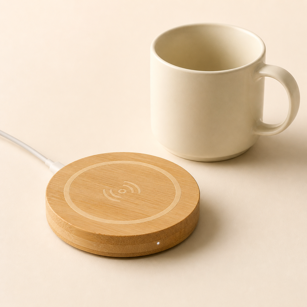 Original EchoNestGear product image: bamboo wireless charger mug warmer