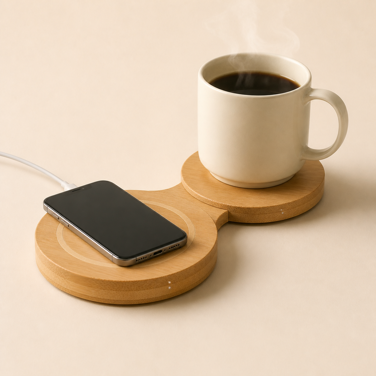 Bamboo 15W wireless charger mug warmer — original EchoNestGear detail angle