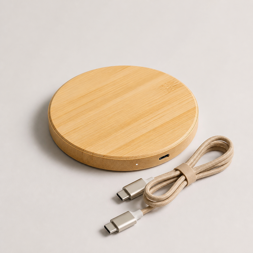 Original EchoNestGear product image: bamboo wireless charger and cable set