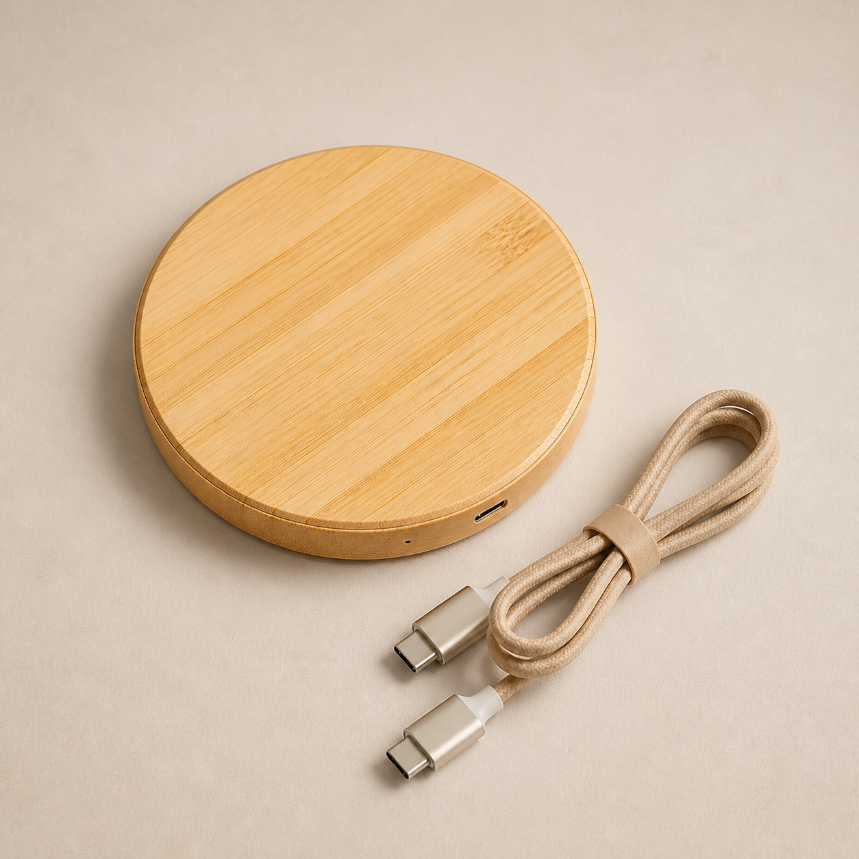 Bamboo 15W wireless charger and cable set — original EchoNestGear detail angle