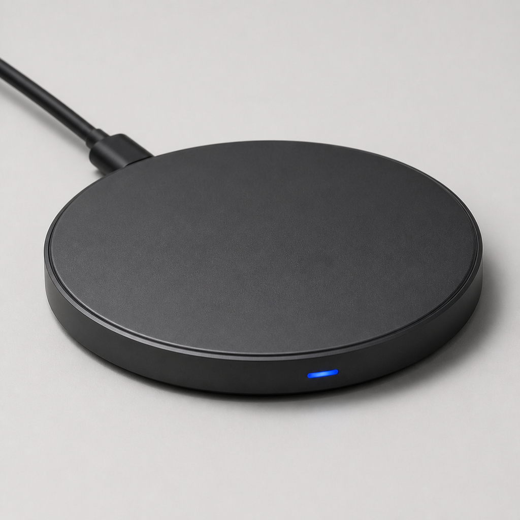 Compact 15W LED wireless charging pad — original EchoNestGear detail angle